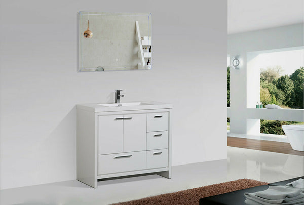 Arya White Single Sink Bathroom Vanity/ Right Side Drawers - The Flooring Factory